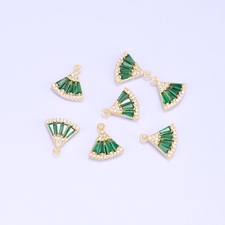 Small gold charms, seven 18K gold plated fan charms set with green cubic zirconia