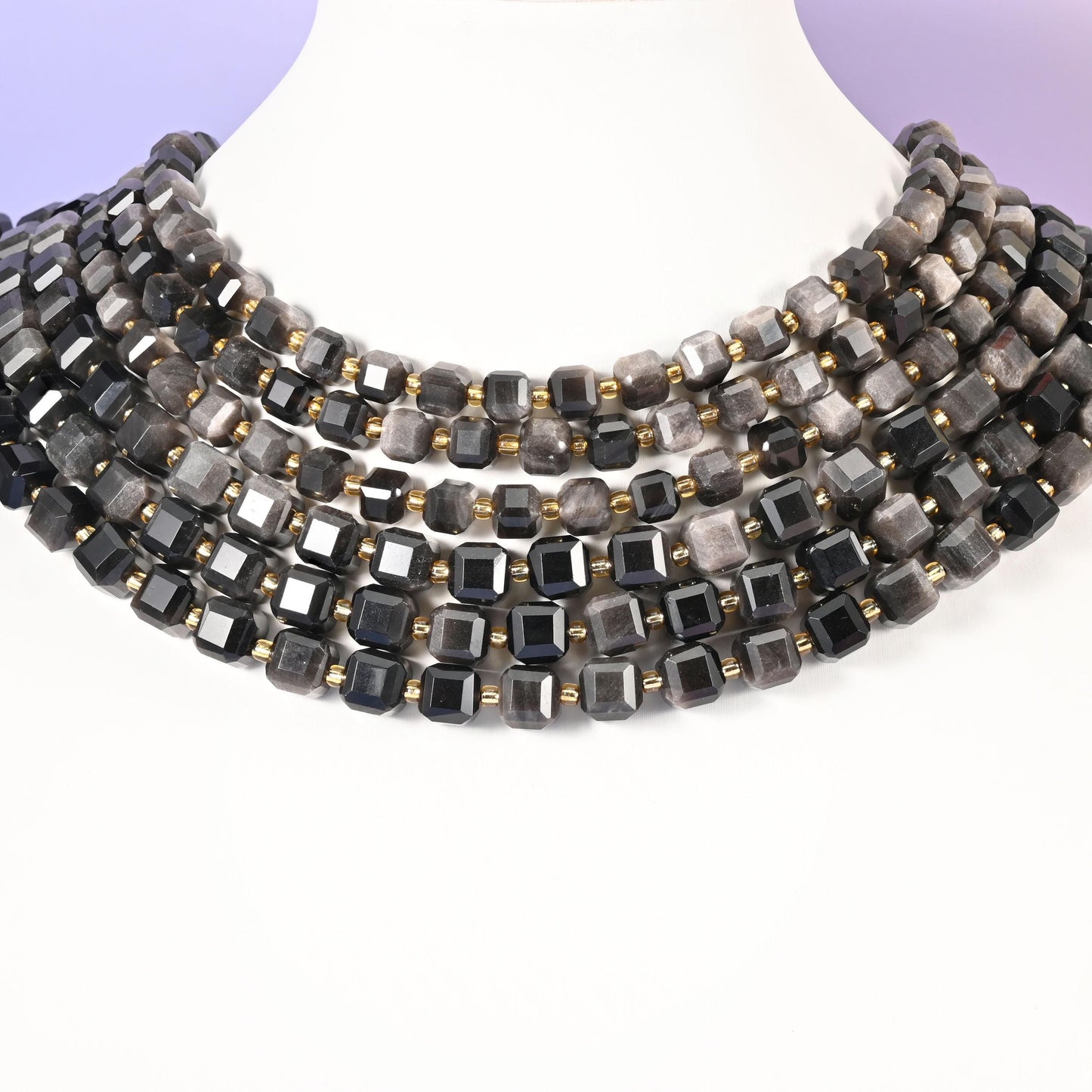 Silver Obsidian beads, faceted cube shape, 6mm and 8mm