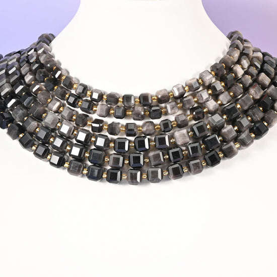 Silver Obsidian beads, faceted cube shape, 6mm and 8mm