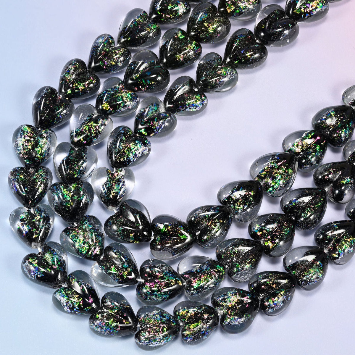 Iridescent Black Green Heart Glass Beads, 11.5 inch strand