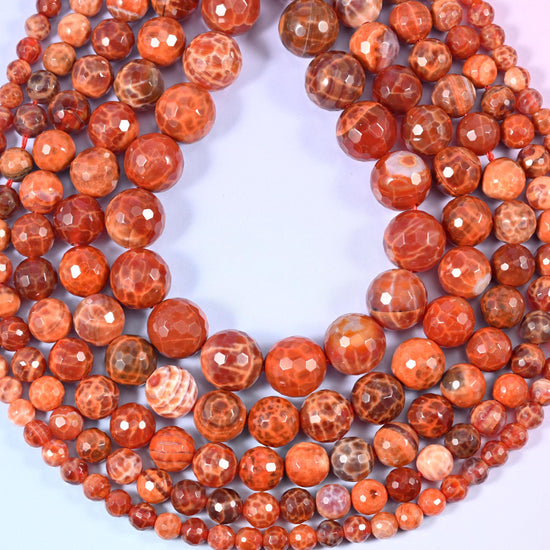 Fire Agate Faceted Round Beads, hole approximately 1.0-1.2mm