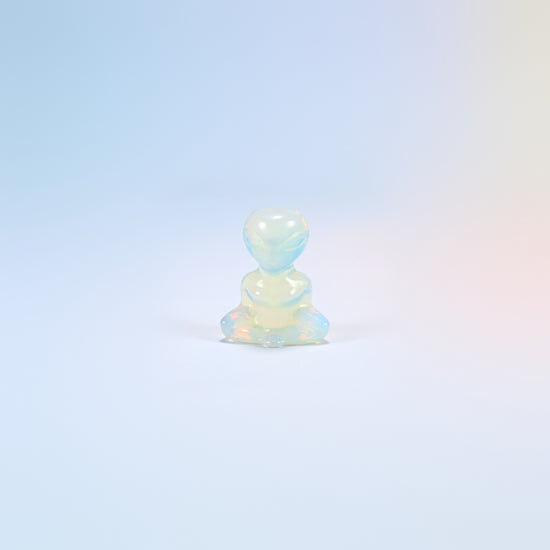 Opalite yoga alien carving, 1.5 inch, glowing man-made glass