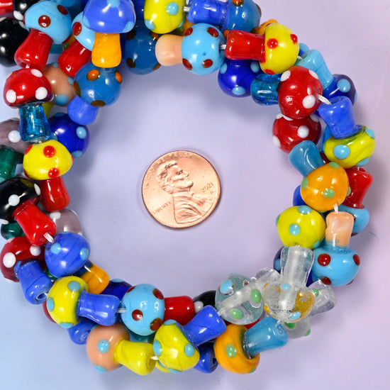 Colorful Polka Dots Lampwork Mushroom Glass Beads, little lampworked toadstools with domed caps in a mixed colour run
