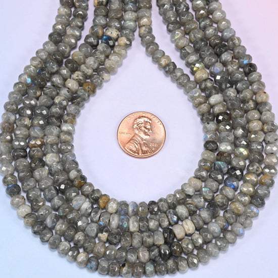 Gray Labradorite faceted rondelle beads in a teardrop loop, approximately 102 beads per 15 inch strand