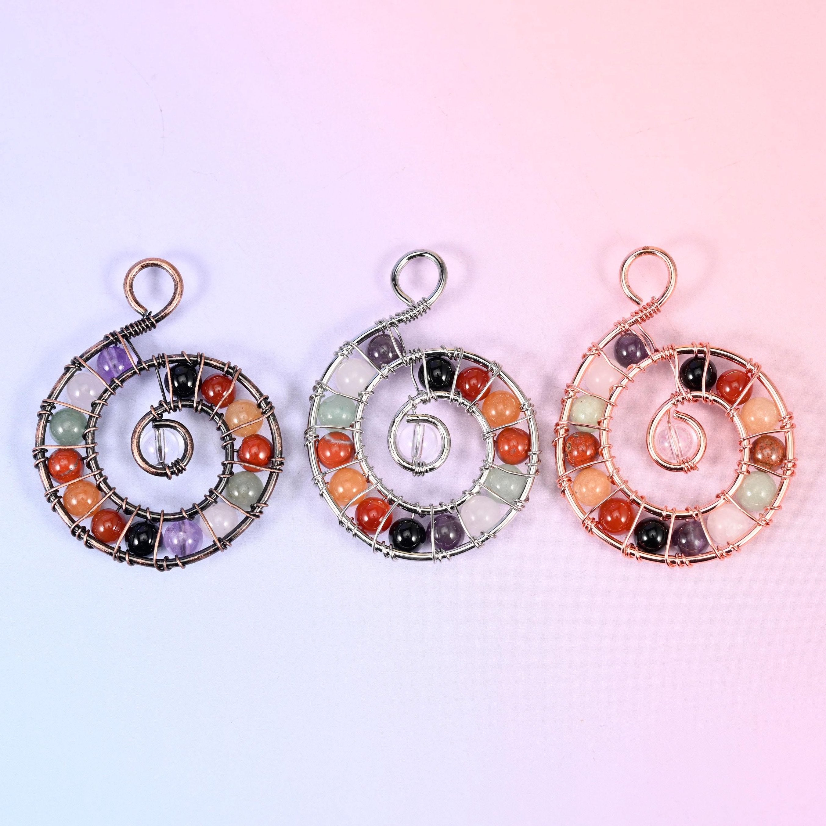 Gemstone beads, wired spiral pendant, 52.41x39.70mm
