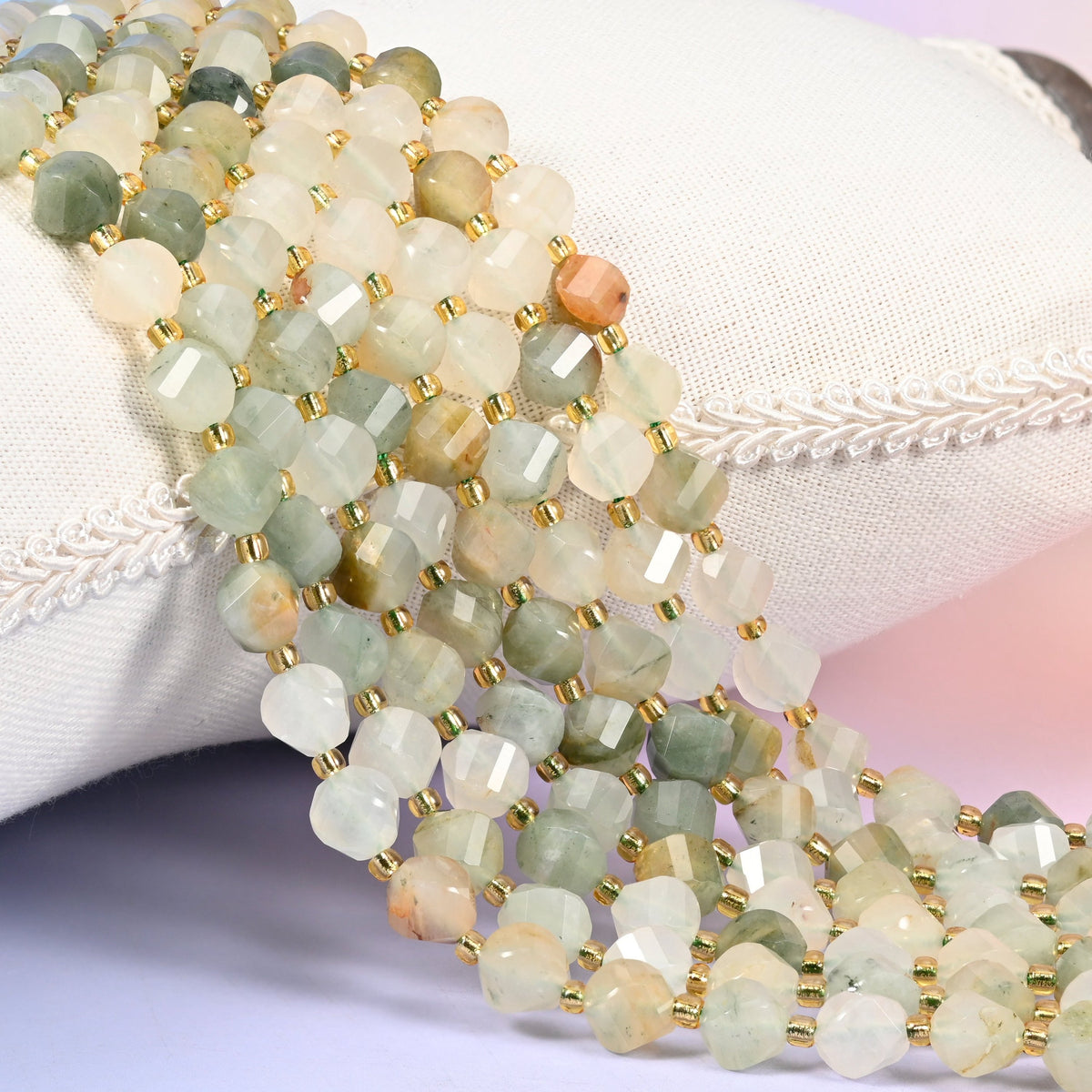 Green Grass Silk Stone faceted spiral twist beads