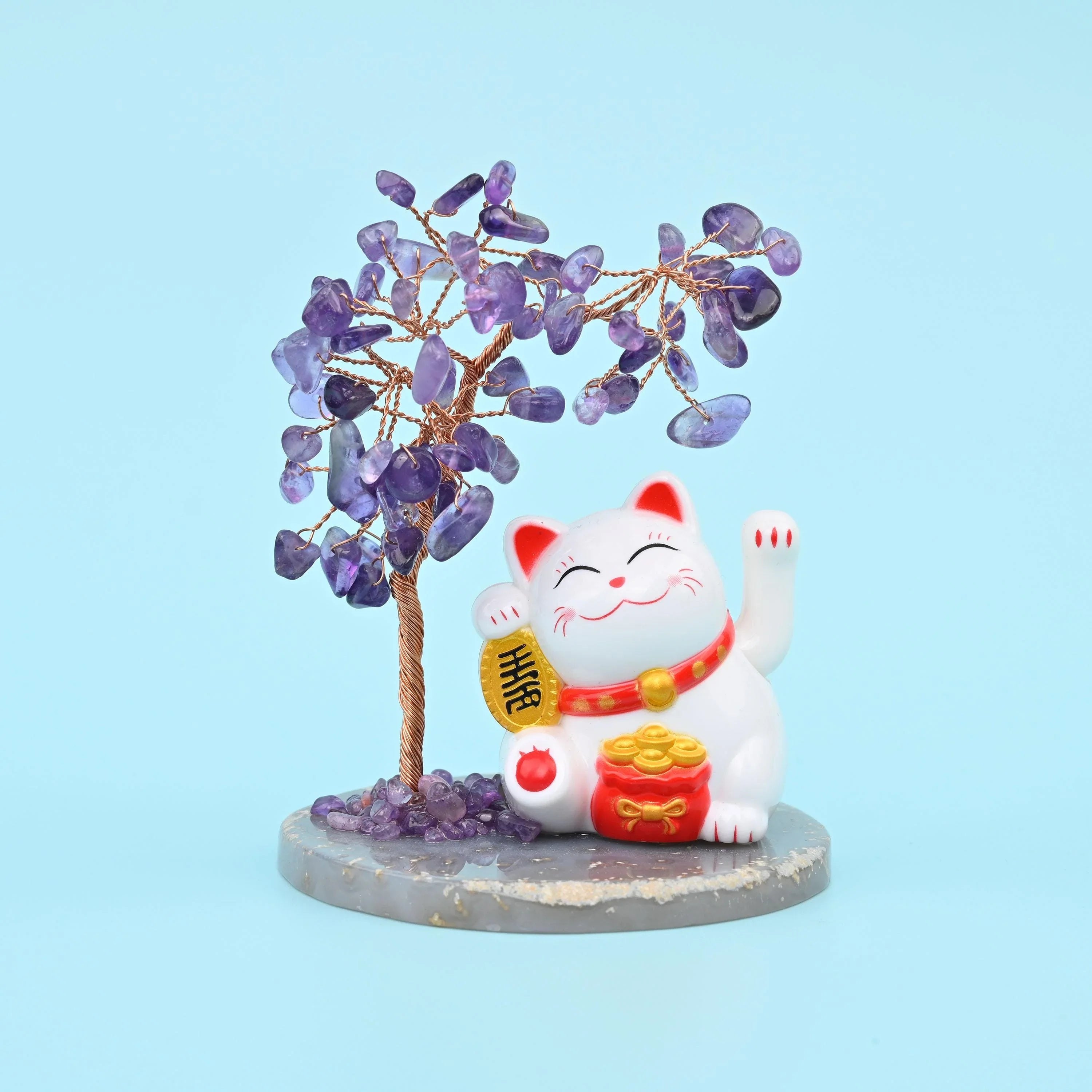 Fortune Cat gemstone tree with Aquamarine, Amethyst, Chakra, Citrine or Green Aventurine leaves