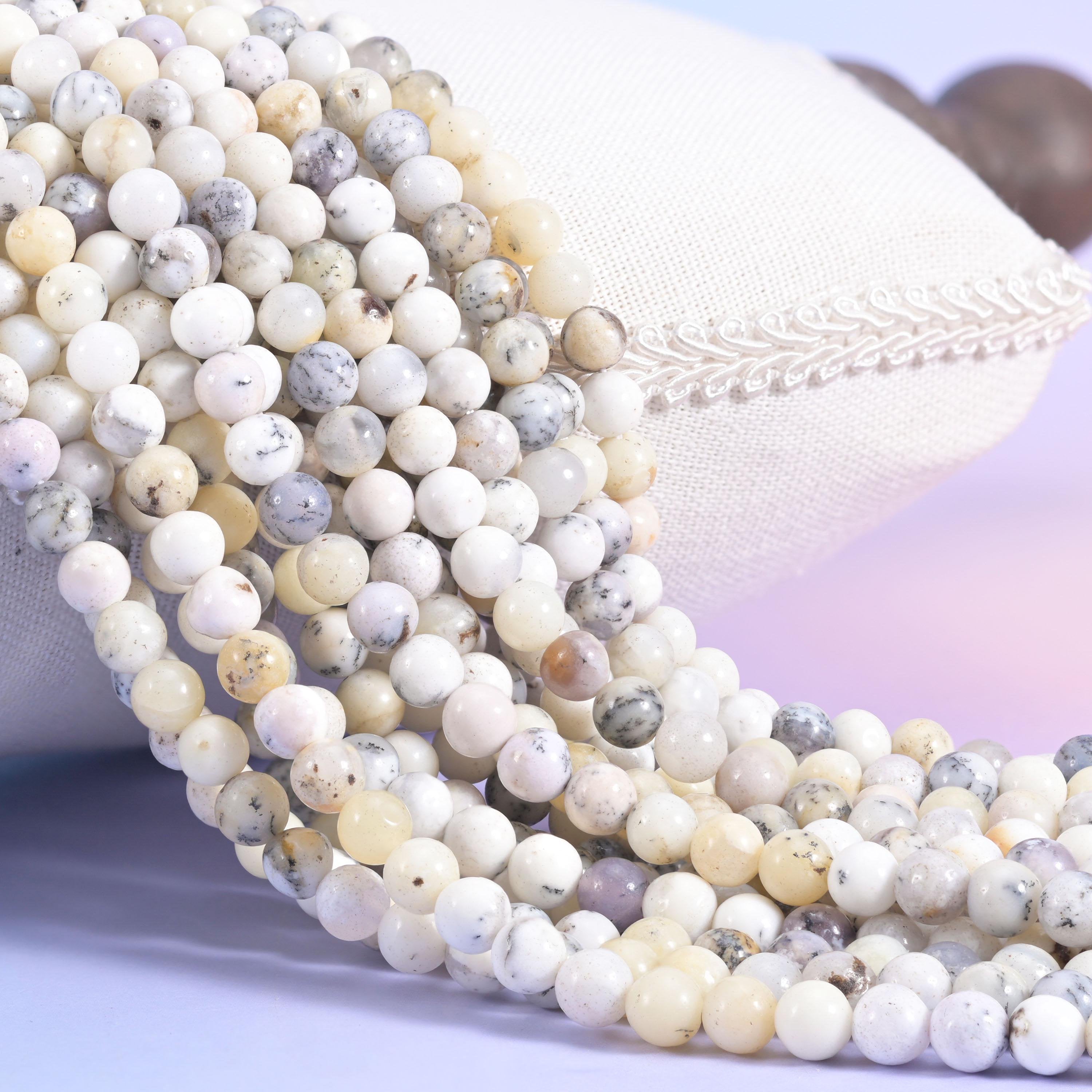 White Opal Smooth Round Beads, creamy ivory and soft grey-white with fine dendritic speckling