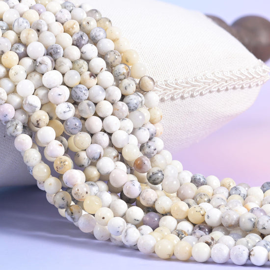 White Opal Smooth Round Beads, creamy ivory and soft grey-white with fine dendritic speckling