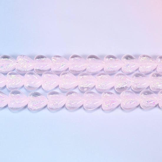 Pink iridescent glass heart beads, puffed shape, 16x15mm
