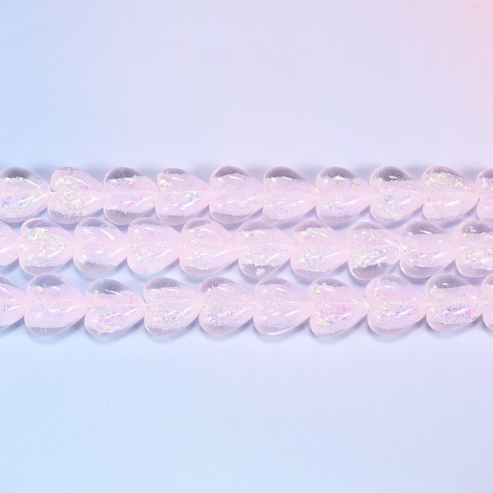Pink iridescent glass heart beads, puffed shape, 16x15mm
