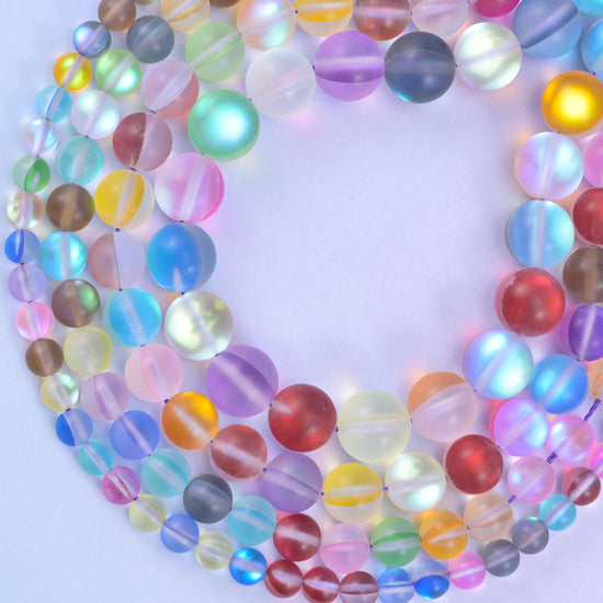 Matte rainbow aura glass beads, sizes 6mm 8mm 10mm and 12mm