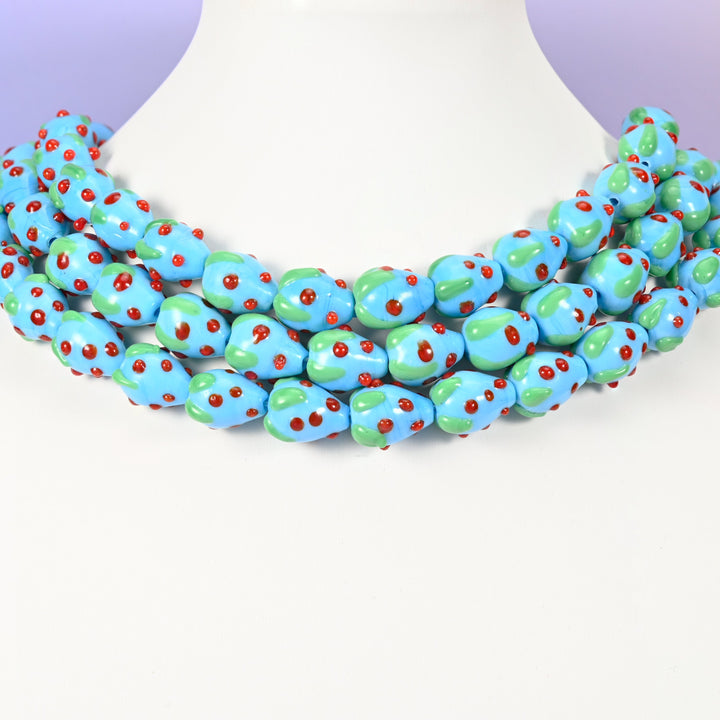 Glass beads, strawberry with a green glass leaf cap, Approximately 15.5 x 12mm