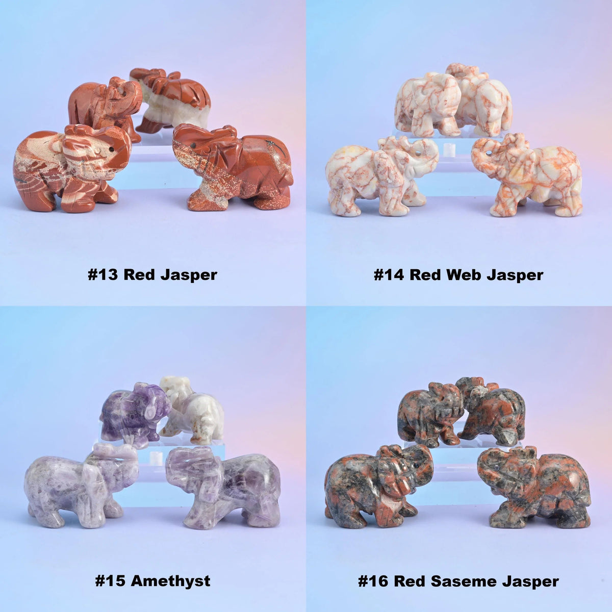 Elephant crystal carvings, sold as a random pick of 3 or 5.