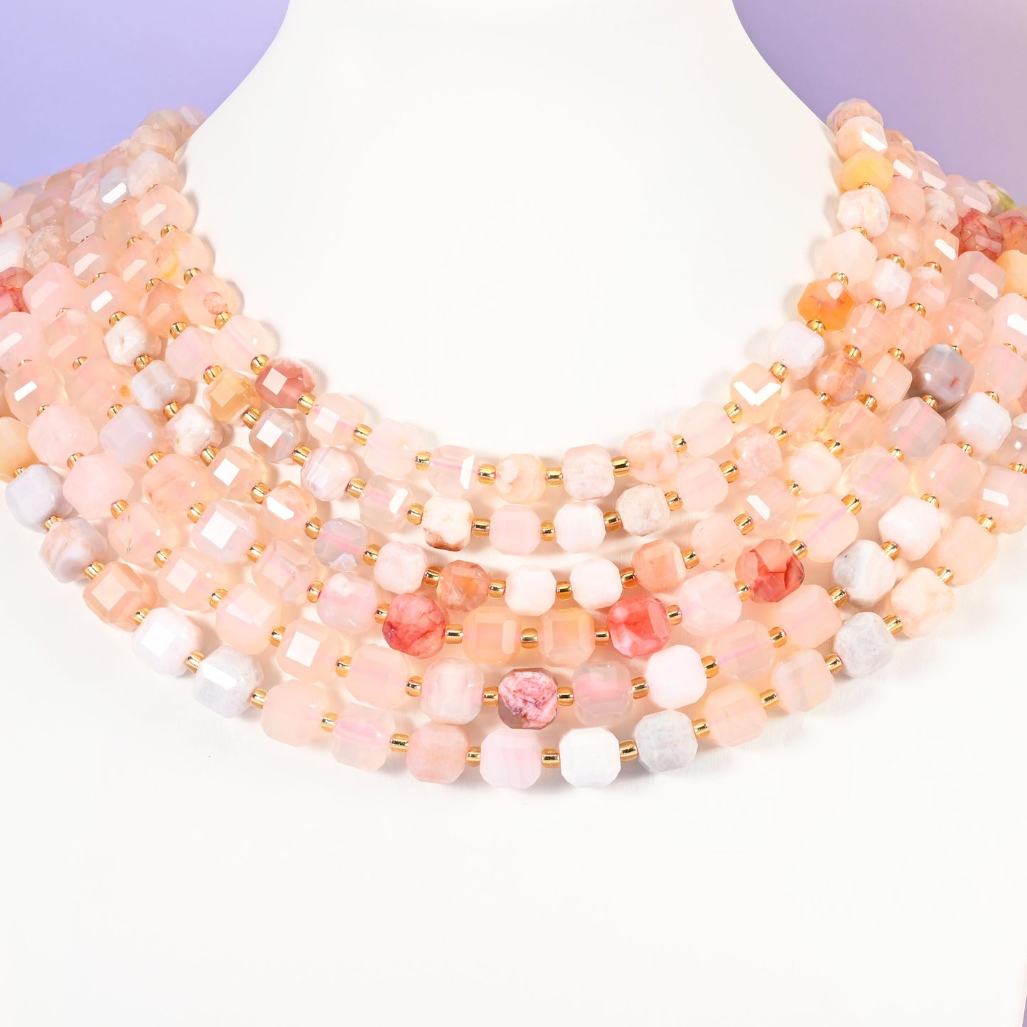 Sakura Agate beads, faceted cube, 6mm and 8mm