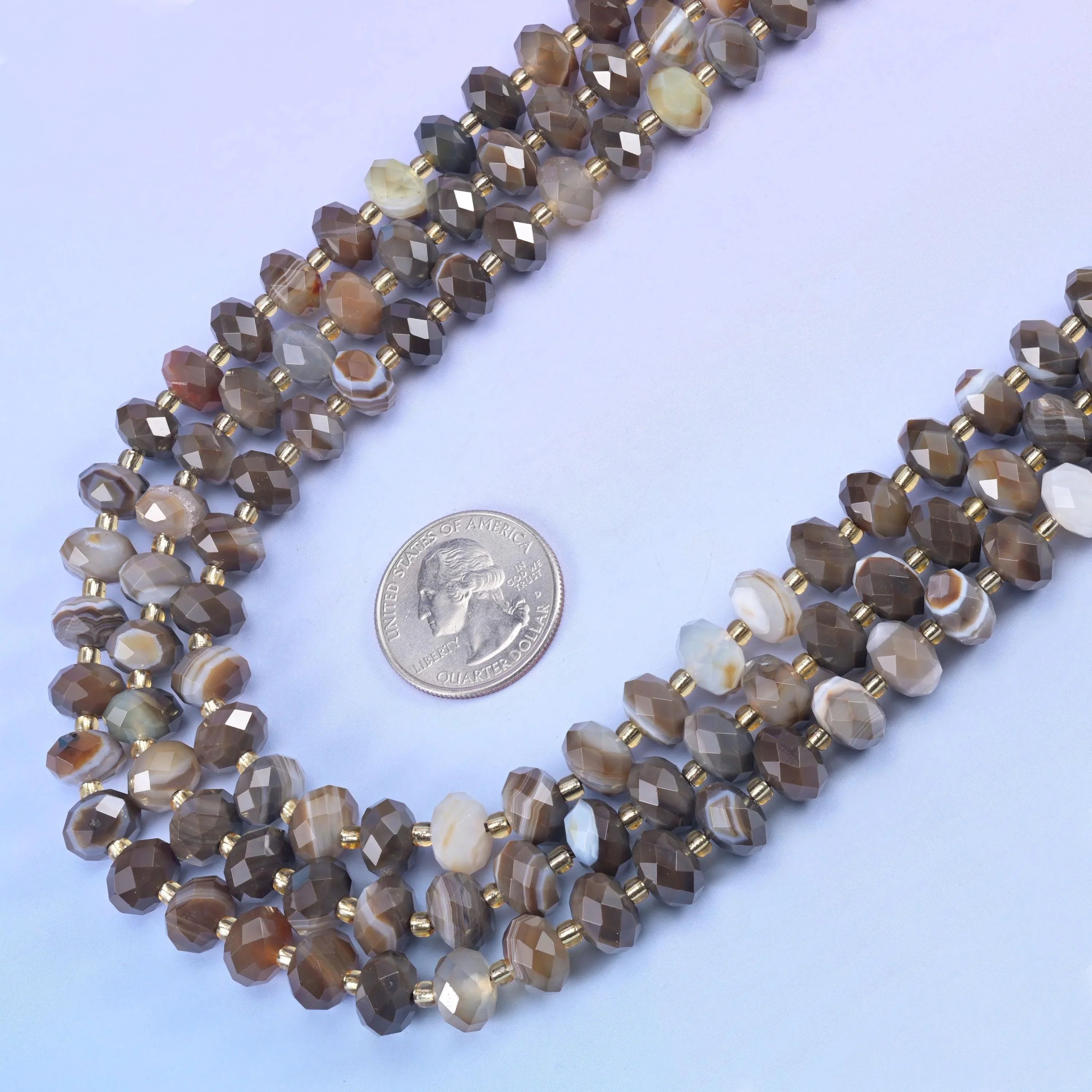 Dyed Brown Strip Agate Faceted Rondelle Beads in mushroom brown and taupe