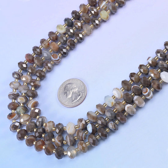 Dyed Brown Strip Agate Faceted Rondelle Beads in mushroom brown and taupe