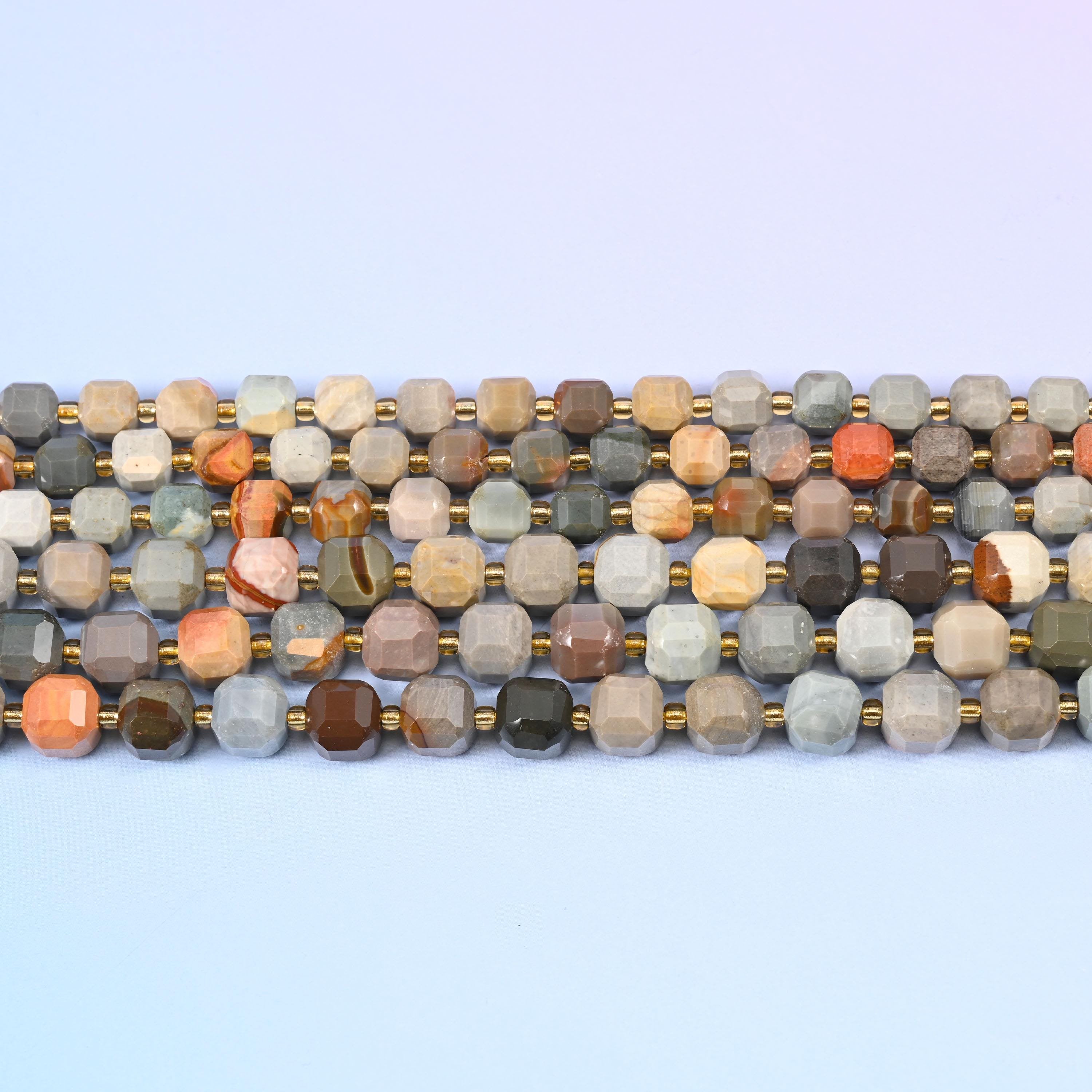 American Picture Jasper Faceted Cube Beads 6mm 8mm in warm grey, taupe and cream with coral-orange flashes