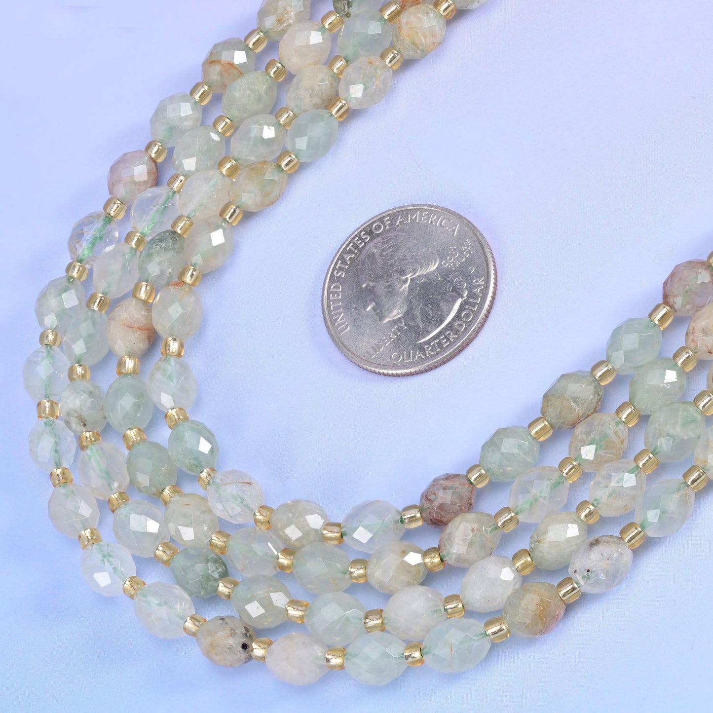 Green Rutilated Quartz Faceted Rice Barrel Beads in pale mint and misty grey-green
