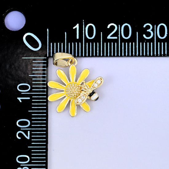 Yellow Sunflower Bee Enamel Charms: 18K Gold Plated Pendants, Jewelry Making Supply