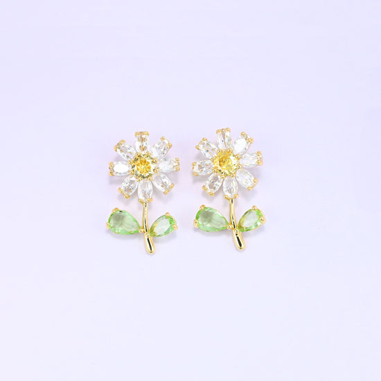 Daisy Flower Green Leaves Zircon Charms: 18K Gold Plated, Jewelry Making Supply