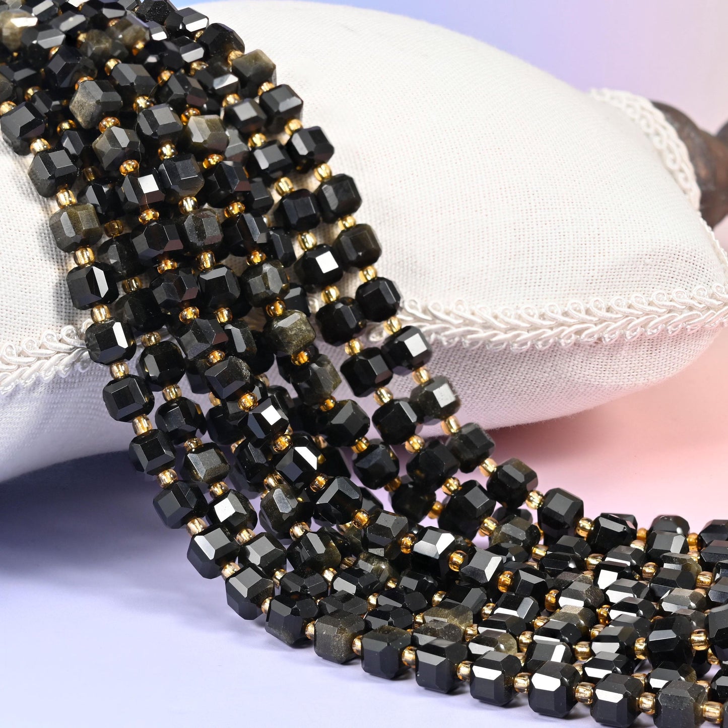Gold Obsidian Faceted Cube Beads, natural volcanic glass with bronze-gold sheen