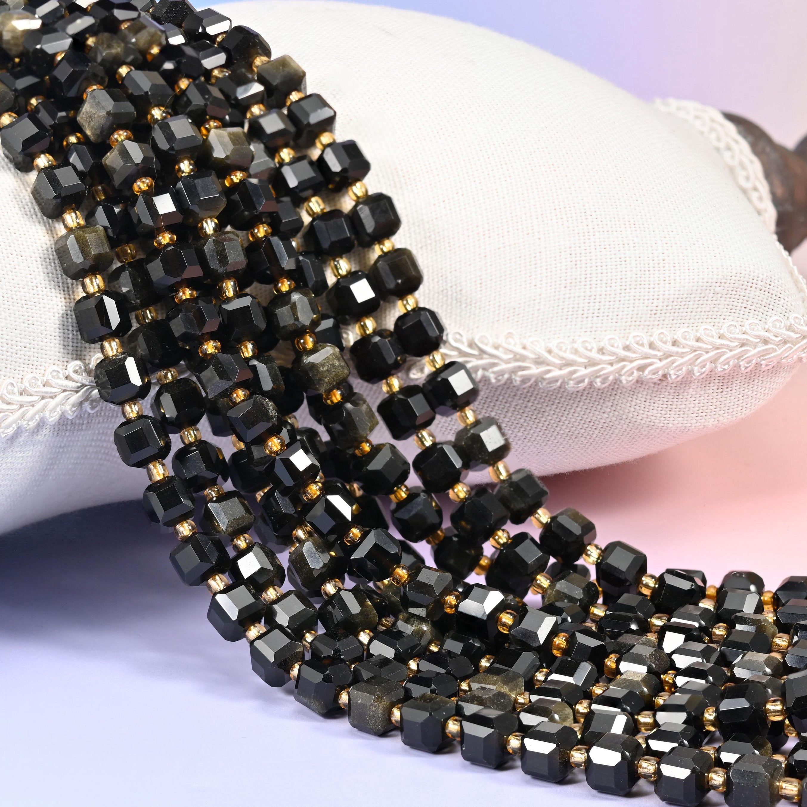 Gold Obsidian Faceted Cube Beads, natural volcanic glass with bronze-gold sheen
