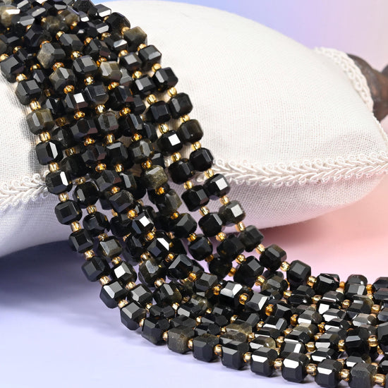 Gold Obsidian Faceted Cube Beads, natural volcanic glass with bronze-gold sheen