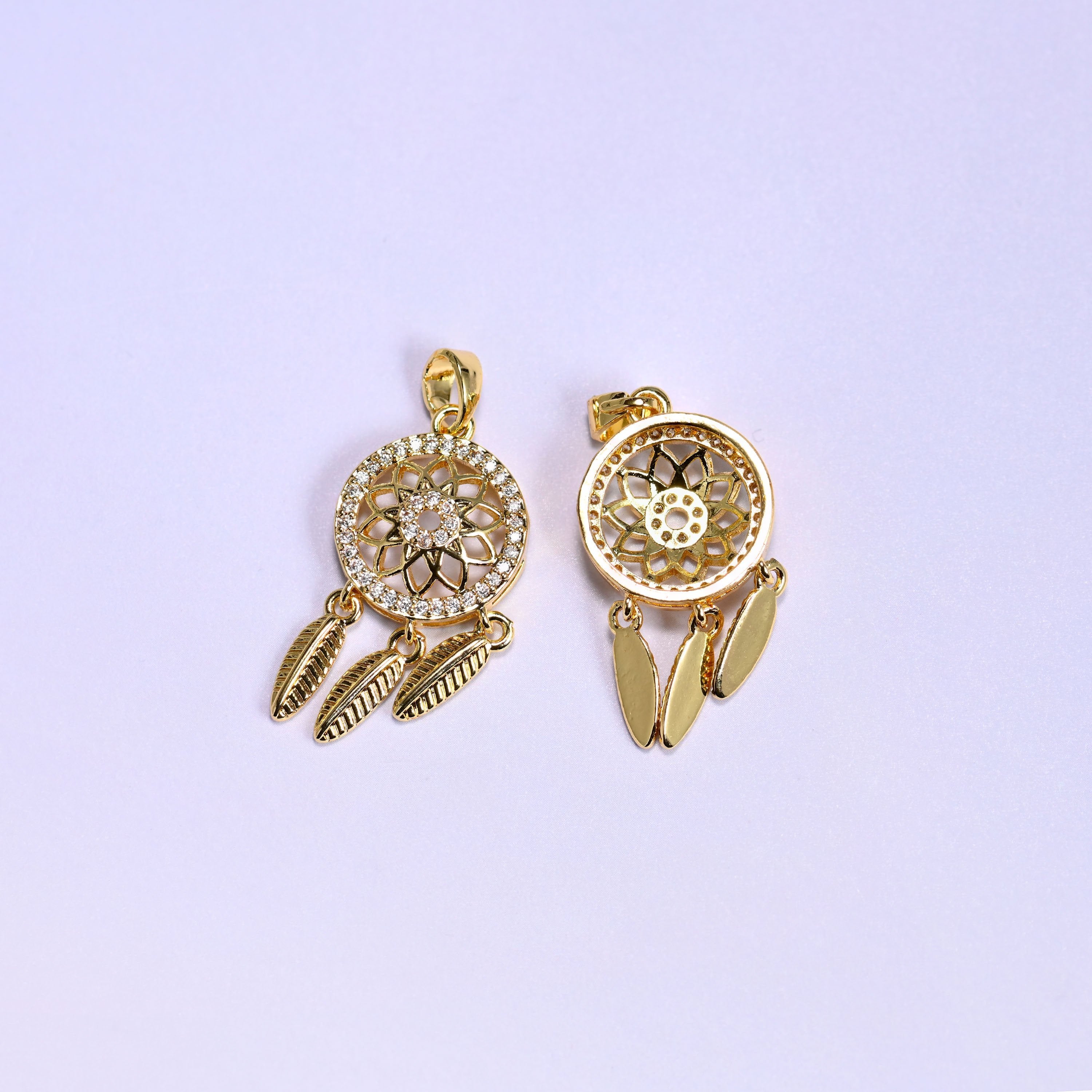 Dream catcher charm with sparkling clear zircon pave and feather dangles