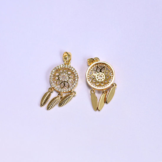 Dream catcher charm with sparkling clear zircon pave and feather dangles