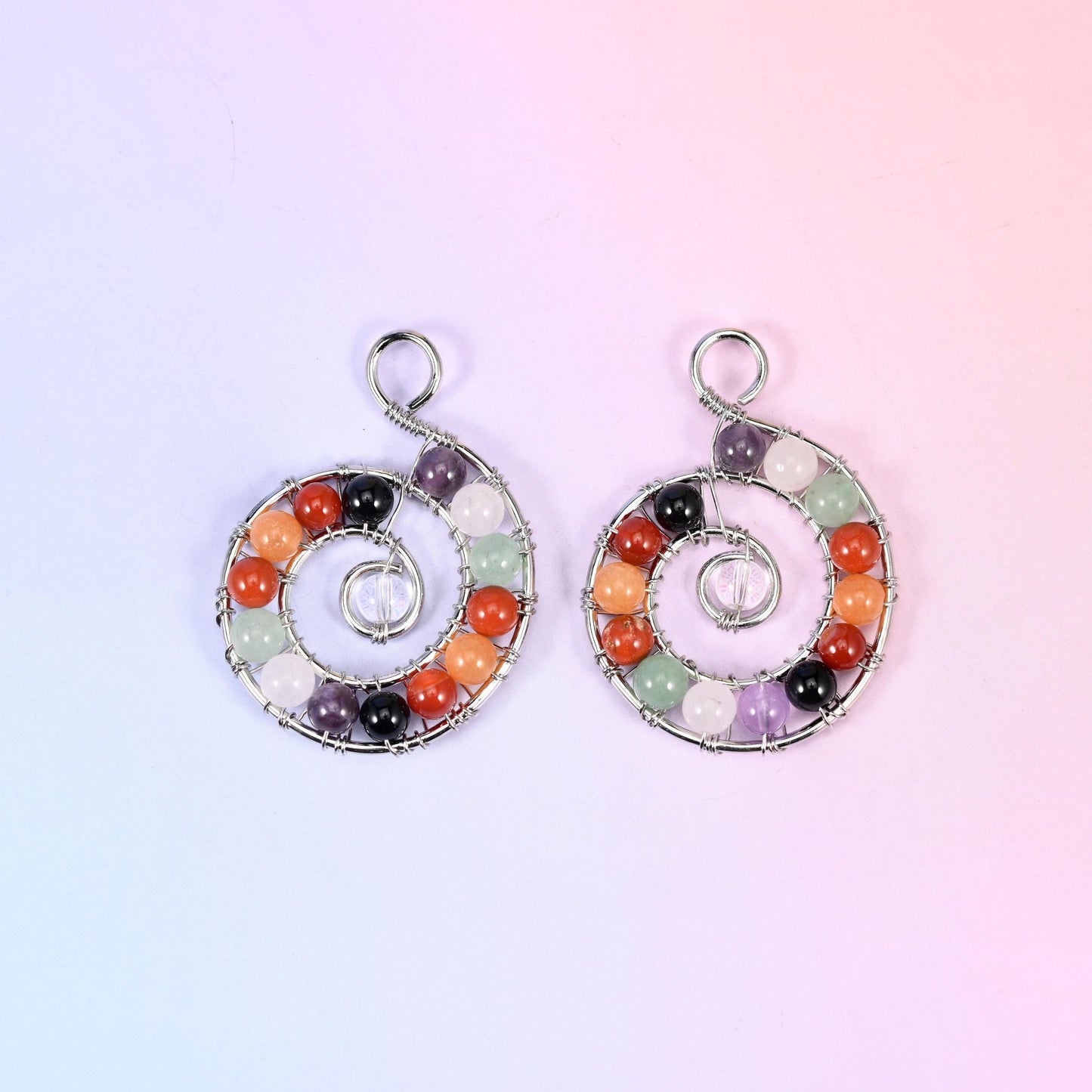 Wire coiled spiral cut chakra gemstone pendant