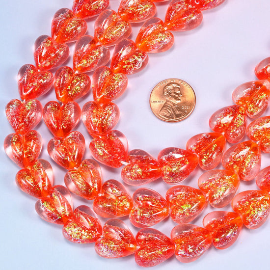 Iridescent Red Heart Glass Beads, drill hole approximately 1.5mm