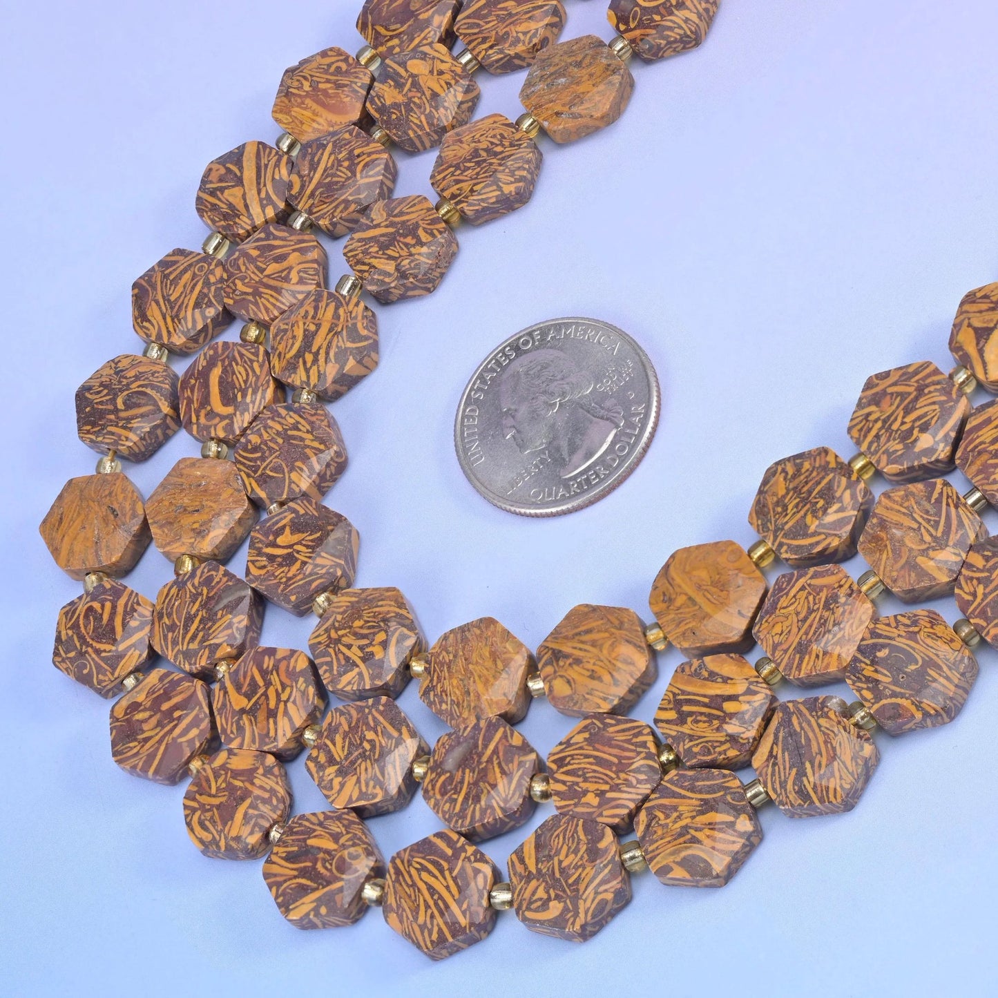 Firework Jasper Flat Faceted Hexagon Beads in caramel and sand-tan with coffee-brown streaks