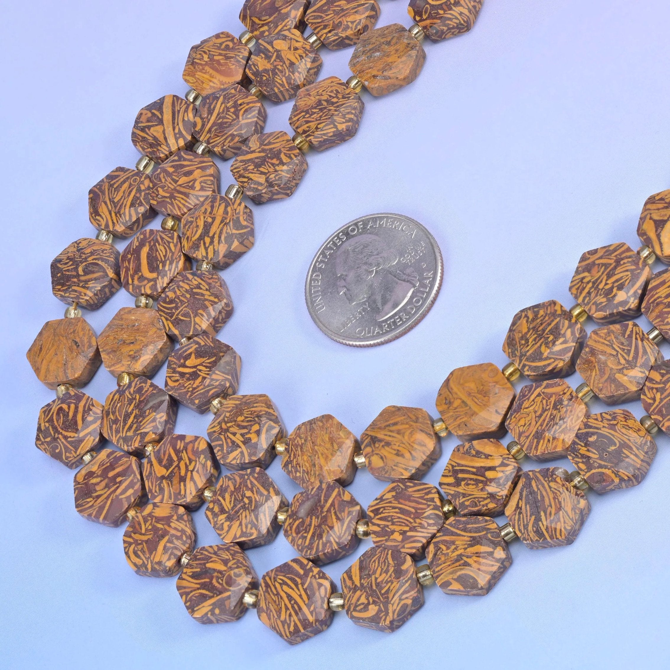 Firework Jasper Flat Faceted Hexagon Beads in caramel and sand-tan with coffee-brown streaks