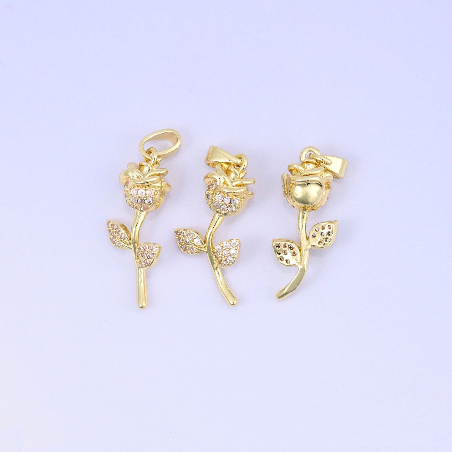 18K Gold Plated Brass Rose Charm Pendant with sculpted flower and leaf design, clear zircon pave accents