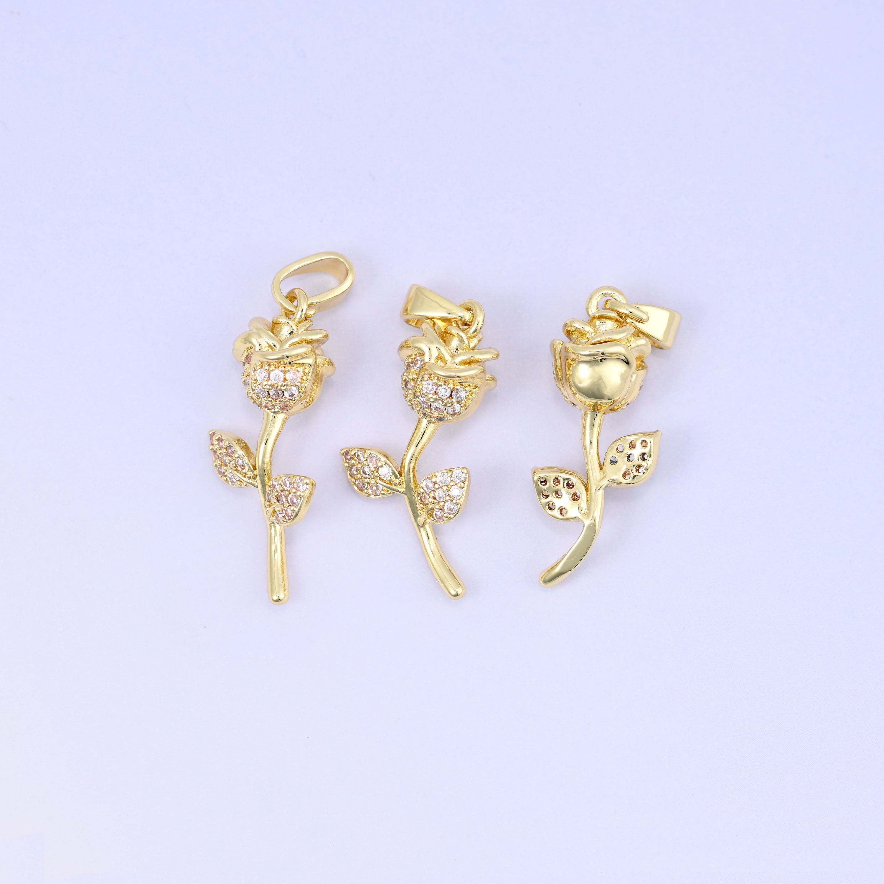 18K Gold Plated Brass Rose Charm Pendant with sculpted flower and leaf design, clear zircon pave accents