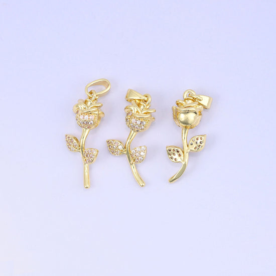 18K Gold Plated Brass Rose Charm Pendant with sculpted flower and leaf design, clear zircon pave accents