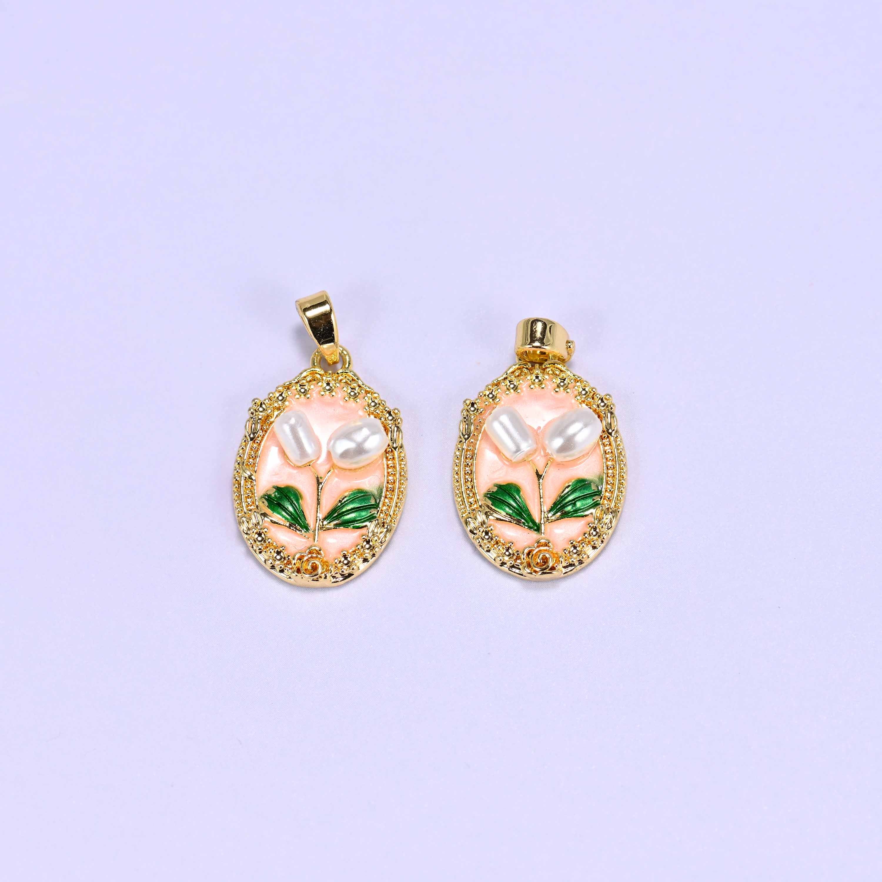 Enamel Oval Tulip Flower Pendants: 18K Gold Filled Charms, Jewelry Making Supply