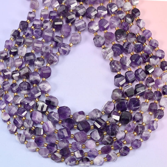Chevron Amethyst Faceted Spiral Twist Beads: Size 8mm 10mm, Jewelry Making, 15 inch Strand