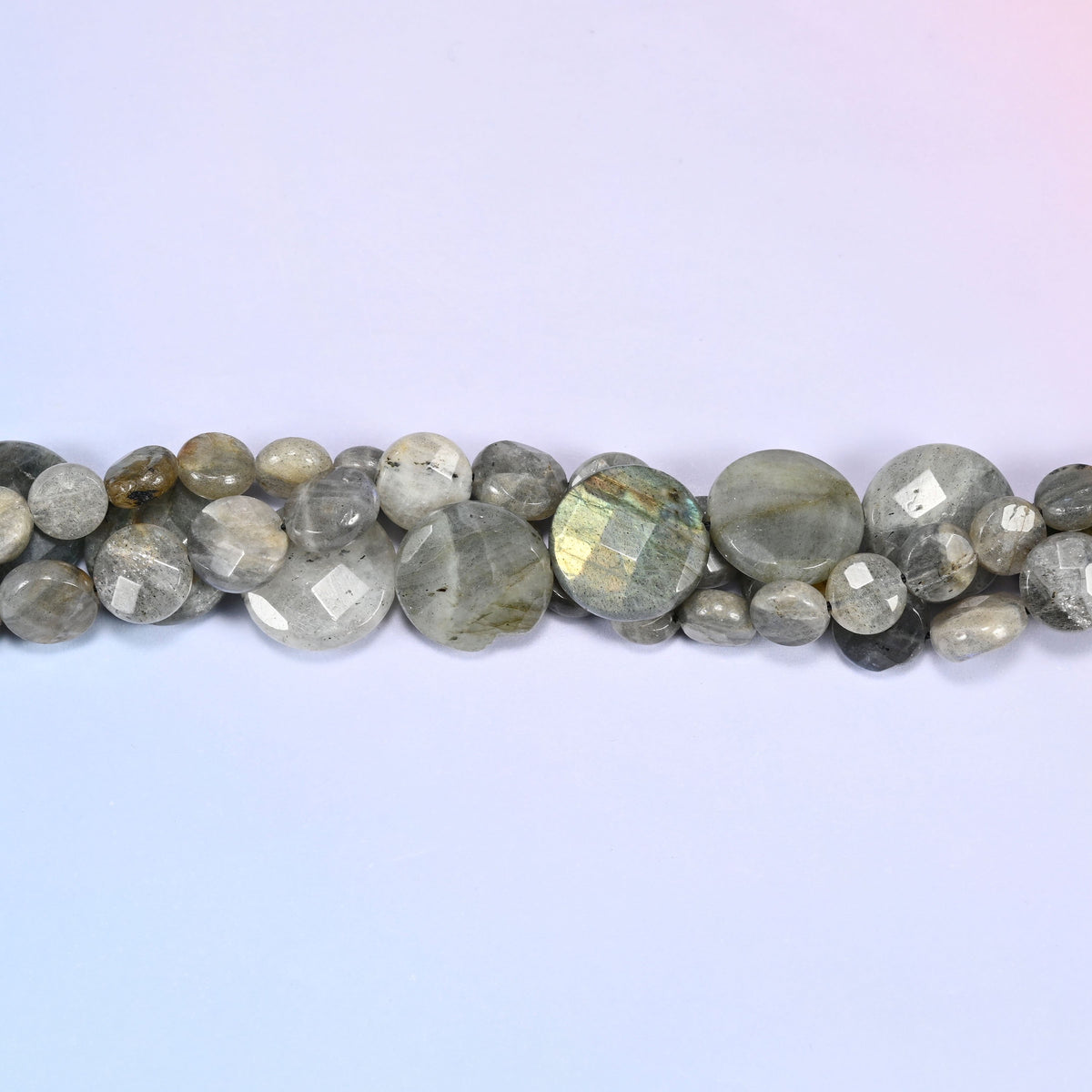 Gray Labradorite faceted coin beads in a single close run, faceting worked across the front of each disc