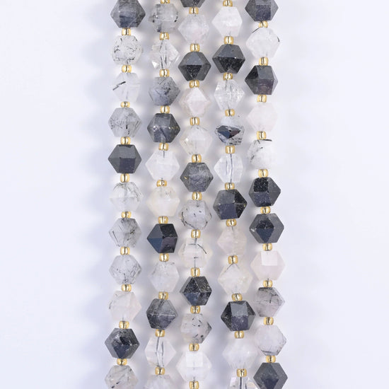 Faceted 8 sided diamond rhombus cut gemstone — choose from black rutilated quartz, dyed red jade, orange strip agate,…