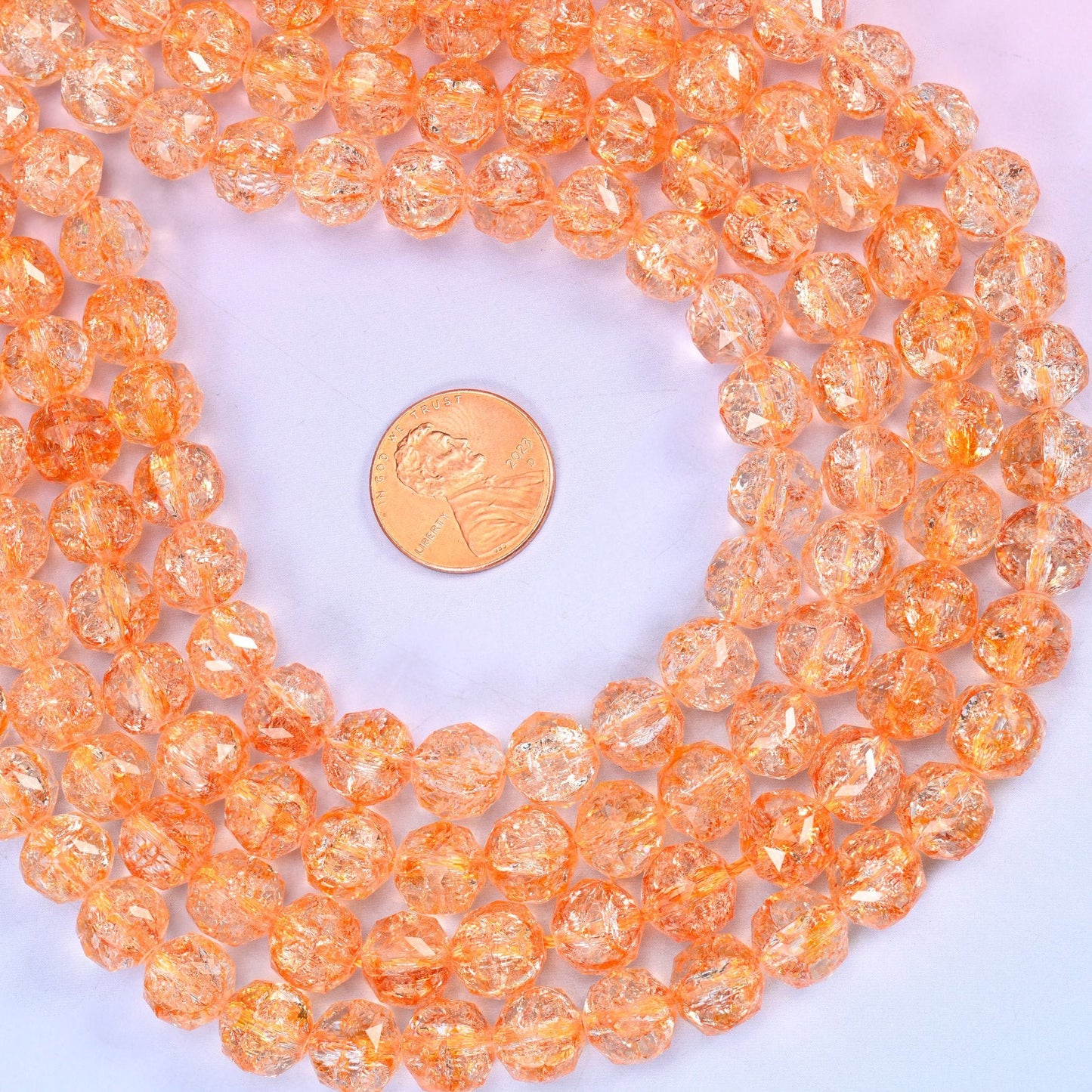 Transparent Orange Faceted Round Glass Beads, veined with delicate crackle lines