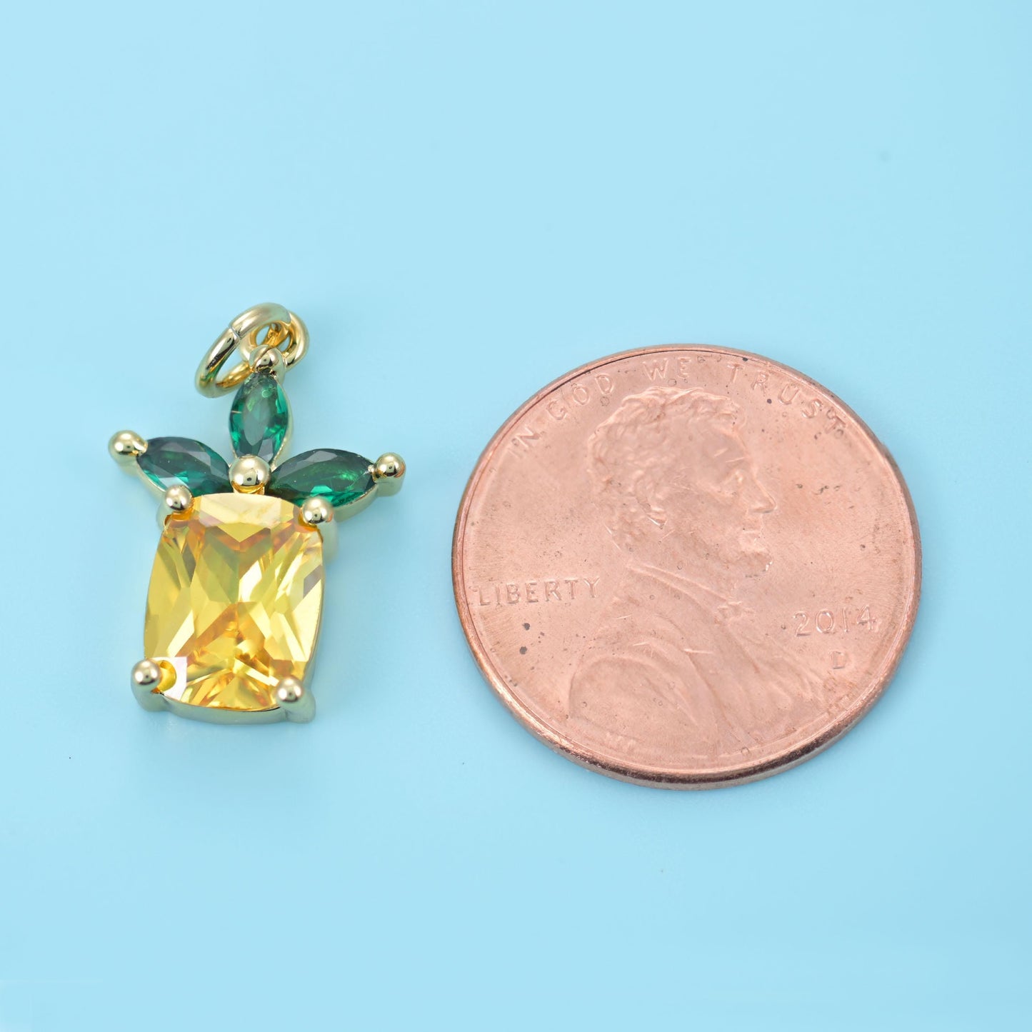 Zircon Pineapple Charm in lemon yellow zircon fruit with green marquise zircon leaves
