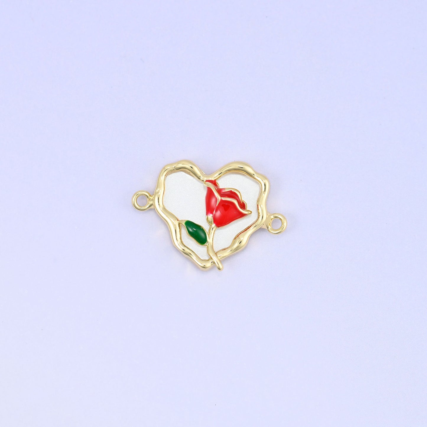 Enamel Heart Rose Double Connector Pendant, 18K gold plated brass