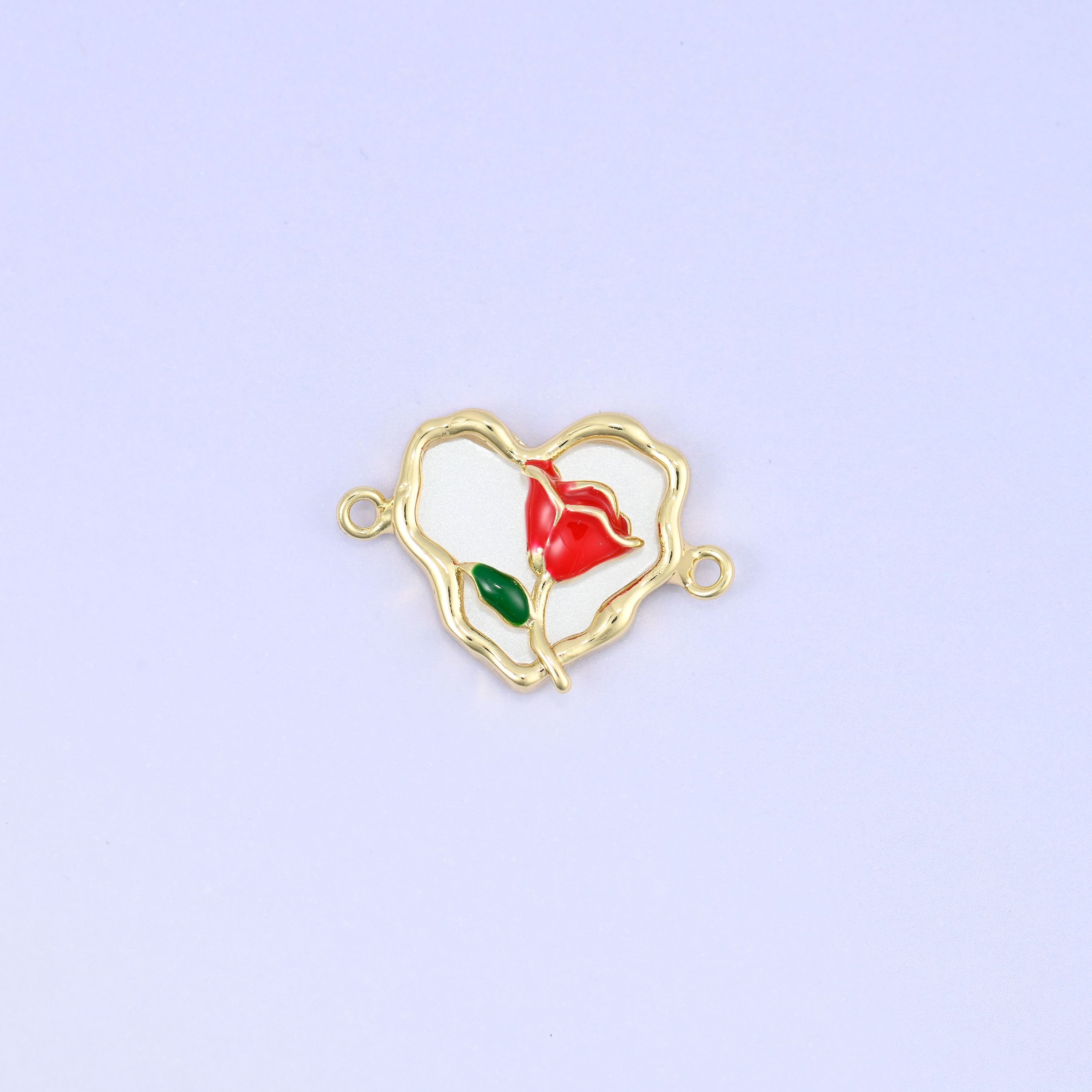 Enamel Heart Rose Double Connector Pendant, 18K gold plated brass