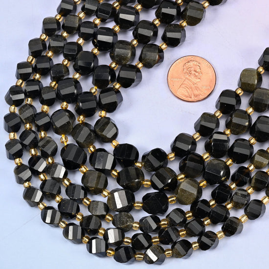 Faceted spiral twist cut Gold Obsidian beads