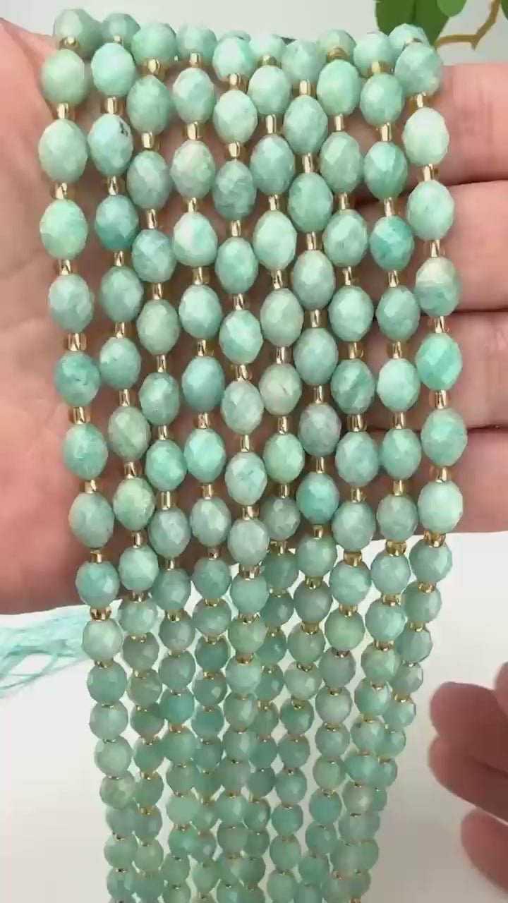 Green Amazonite Faceted Rice Barrel Beads, approximately 39 beads per strand