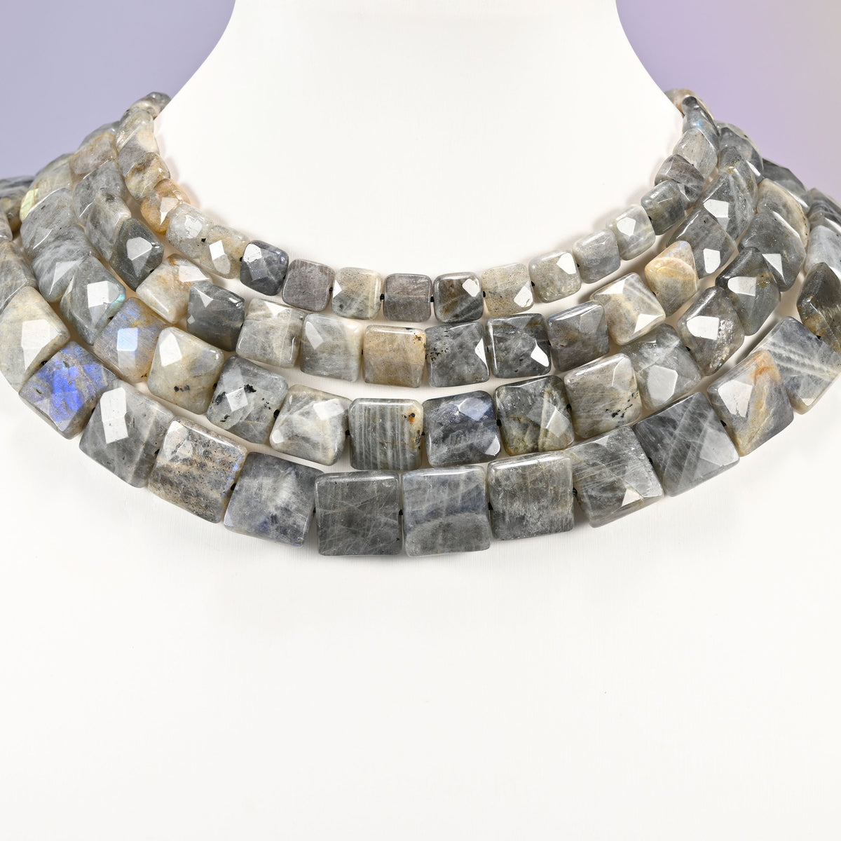 Gray Labradorite faceted flat square beads layered as a collar, several strands showing the 8mm through 14mm sizes