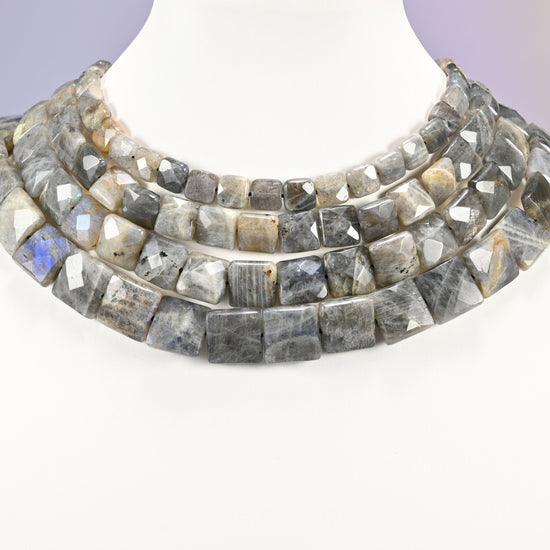 Gray Labradorite faceted flat square beads layered as a collar, several strands showing the 8mm through 14mm sizes