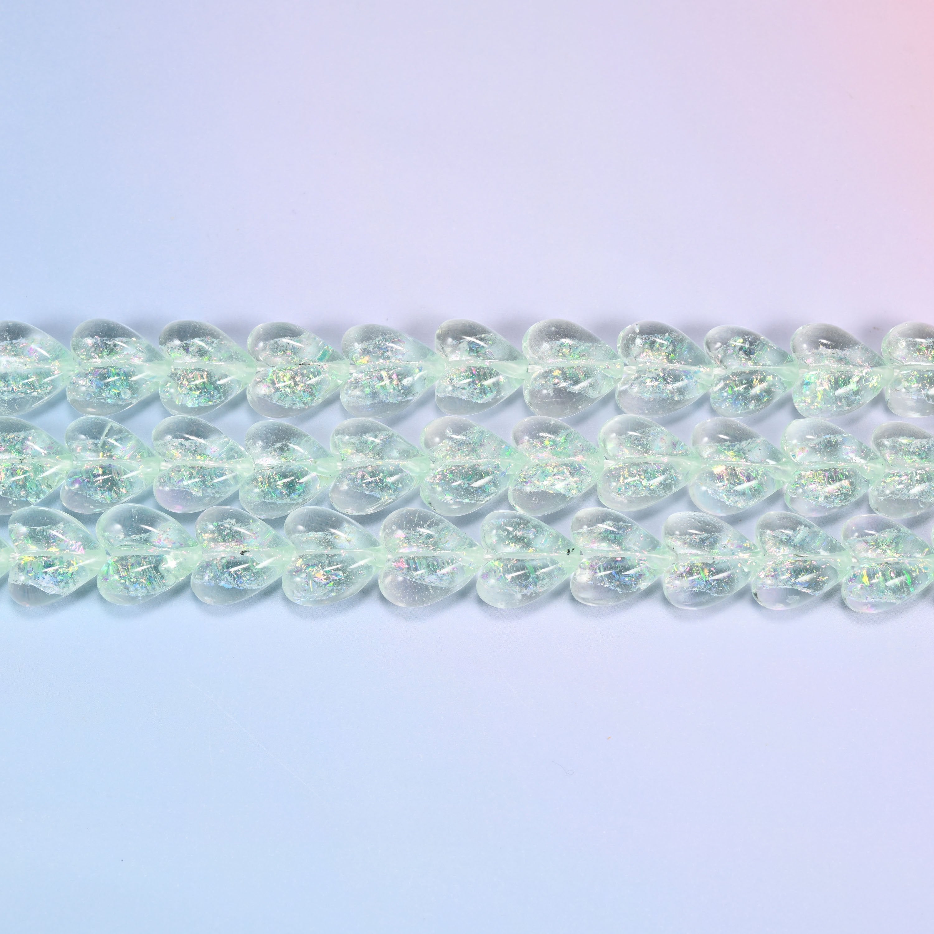 Iridescent Heart Glass Beads in pale mint green